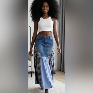 Upcycled Denim and Checkered Patchwork Skirt made w men’s shirts size L/XL